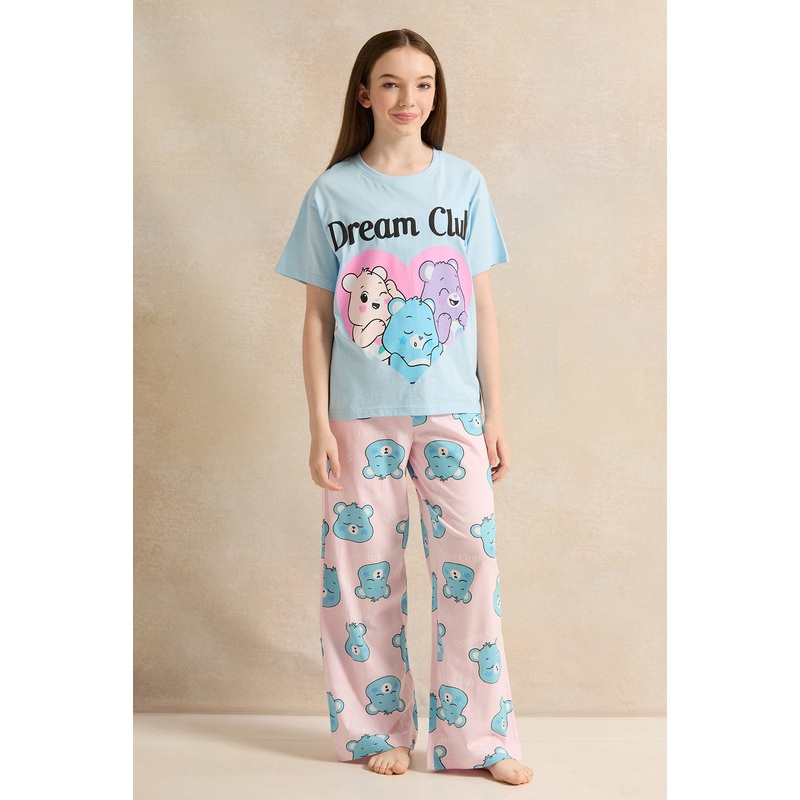 Senior Girls Blue And Pink Printed Pyjama Set (2 Piece)