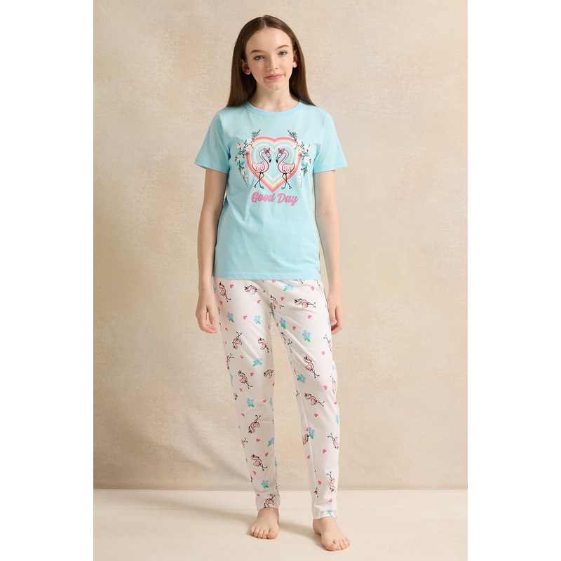 Senior Girls Blue And White Flamingo Pyjama Set(2 Piece)