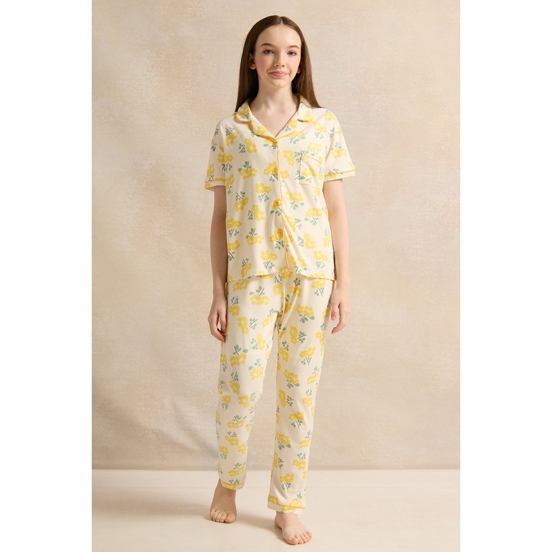 Senior Girls Cream And Yellow Floral Pyjama Set (2 Piece)