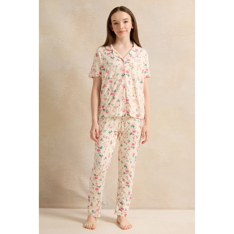 Senior Girls Cream Floral Pajama Set (2 Piece)