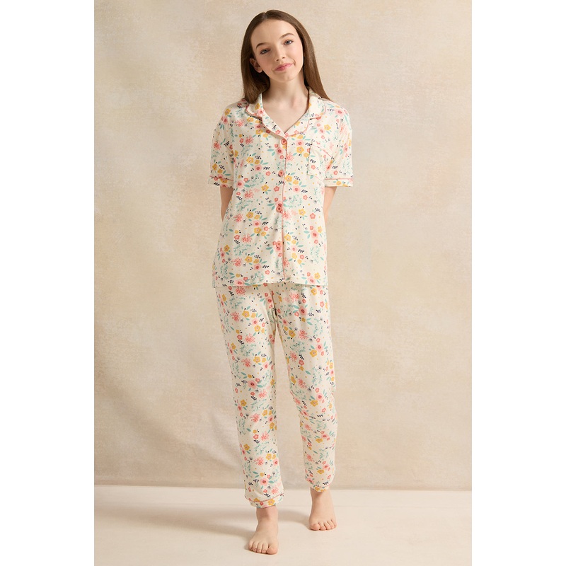 Senior Girls Cream Printed Pyjama Set (2 Piece)