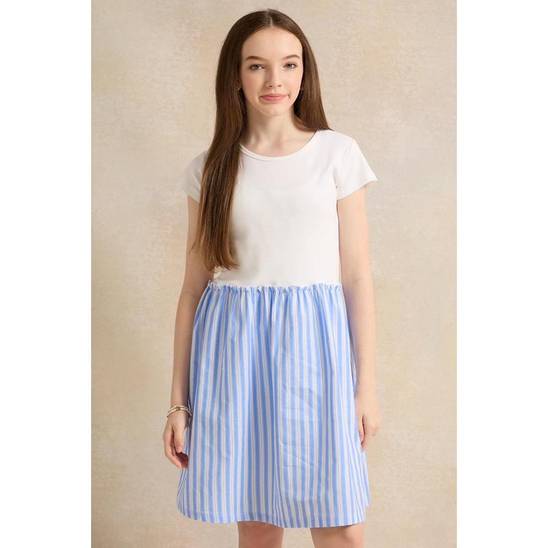 Senior Girls White And Blue Ribbed Dress