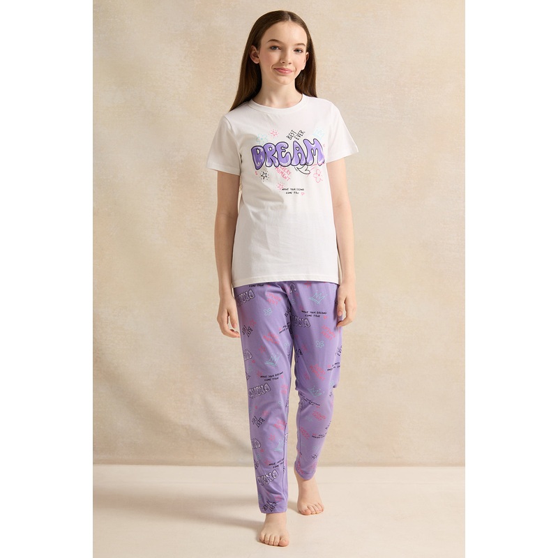 Senior Girls White And Purple Printed Pyjama Set (2 Piece)