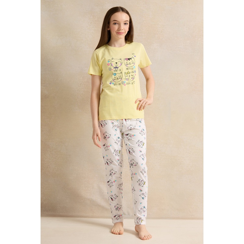 Senior Girls Yellow And White Printed Pyjama Set (2 Piece)