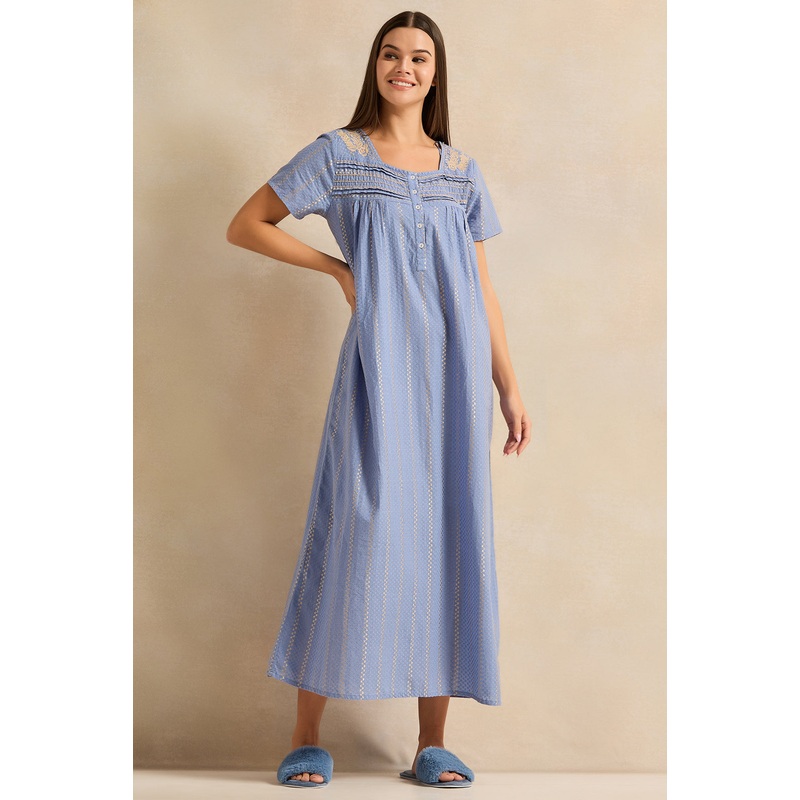 Women Blue Embroidered Nightgown