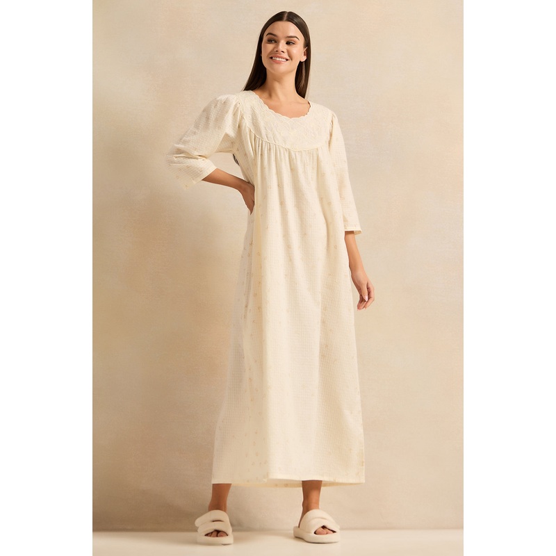 Women Cream Floral Printed Nightgown