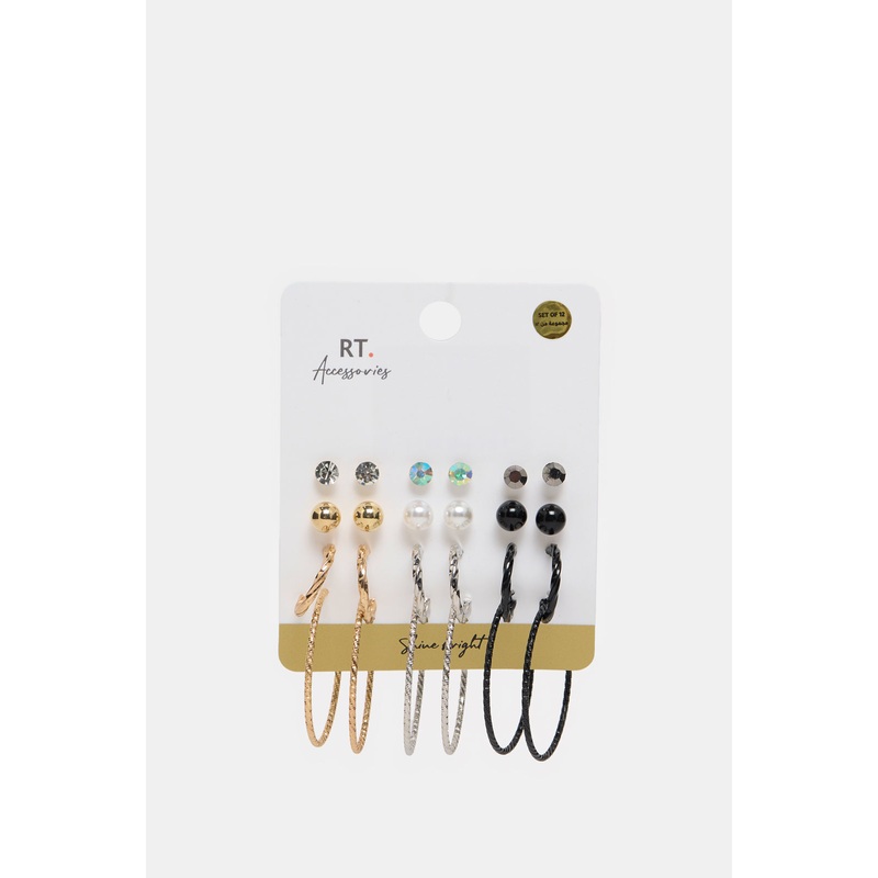 Women Gold Embellished Earring Set (12 Pairs)