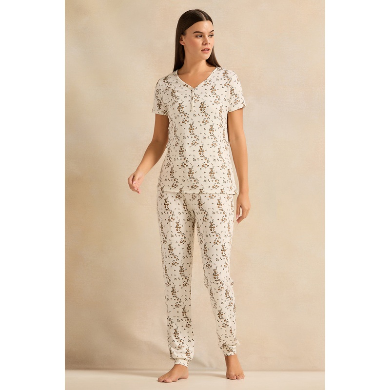 Women White Printed Pajama Set (2 Piece)