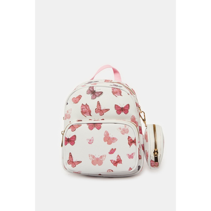 Girls White Butterfly Printed Backpack