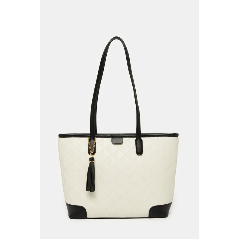 Women Beige And Black Tote Bag