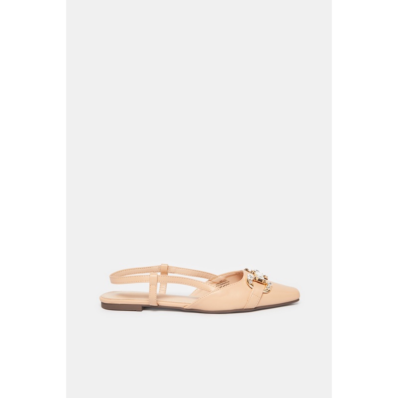 Women Beige Embellished Buckle Trim Slingback Mule