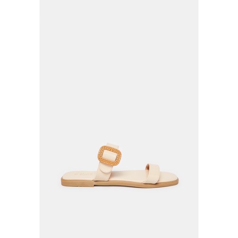 Women Beige Strappy With Buckle Trim Mule