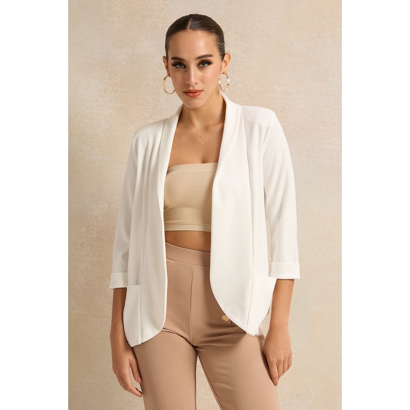 Women Ivory Rolled Sleeve Round Blazer