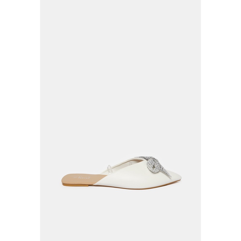 Women White Embellished Bow Trim Mule