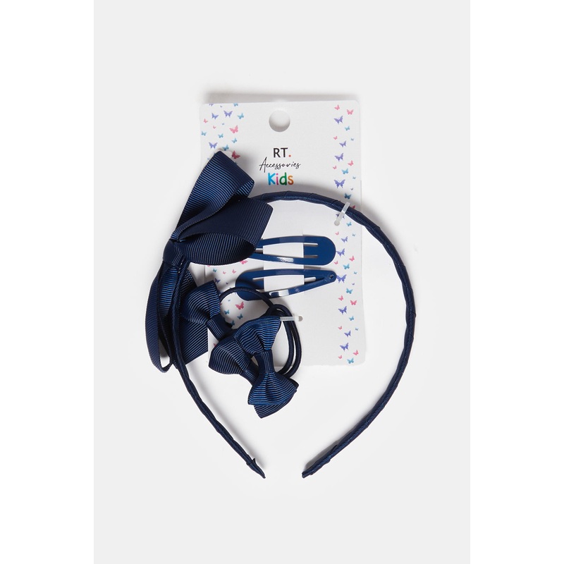 Girls Navy Headband And 2 Hair Clip 3 Elastic Set (6 Piece)