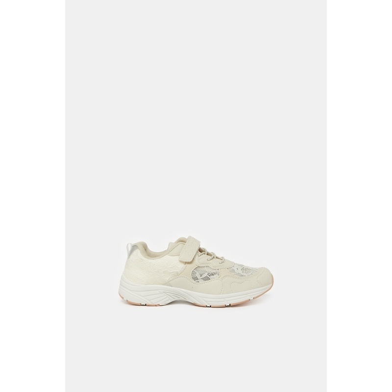 Senior Girls Cream Floral Lace Velcro Trainer