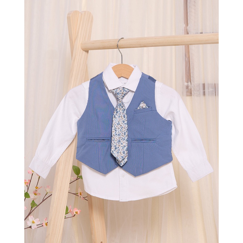 Infant Boys White And Blue  Vest Coat And Shirt  With Printed Tie Set (3 Piece)