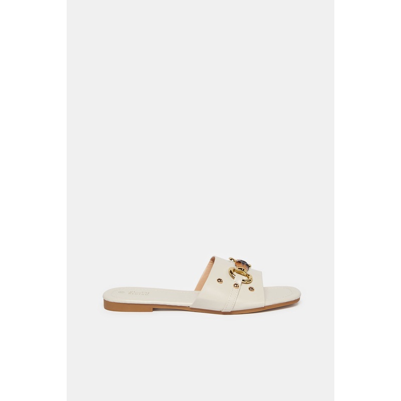 Women White Mule With Buckle Trim