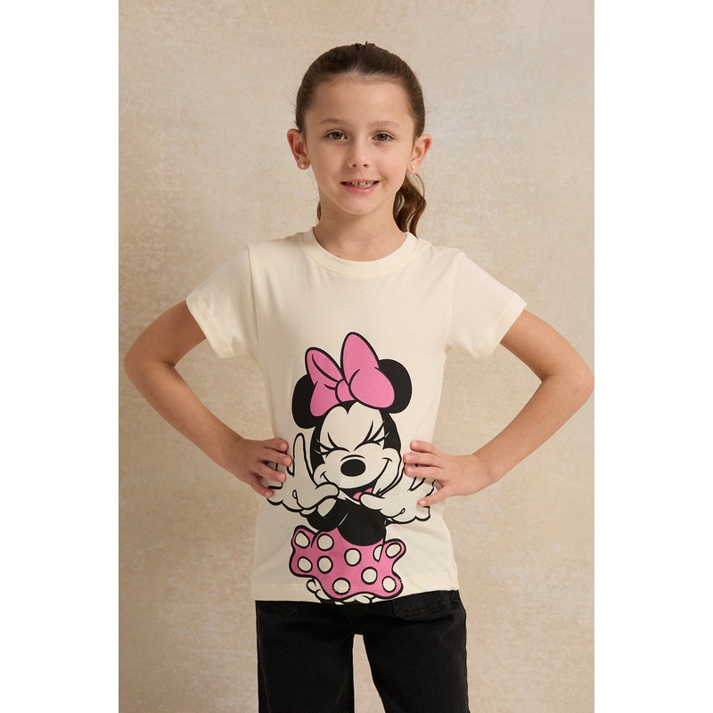Girls Beige Minnie Mouse Print T-Shirt
