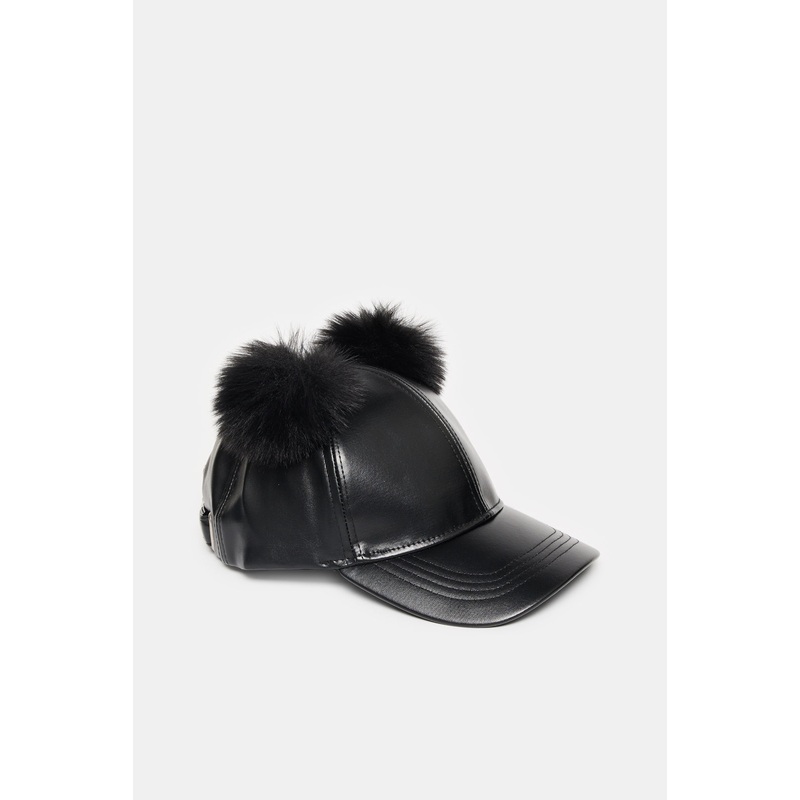 Girls Black Embellished Cap With Pom Pom