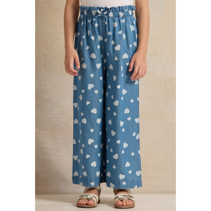 Girls Blue Printed Wide Leg Track Pants