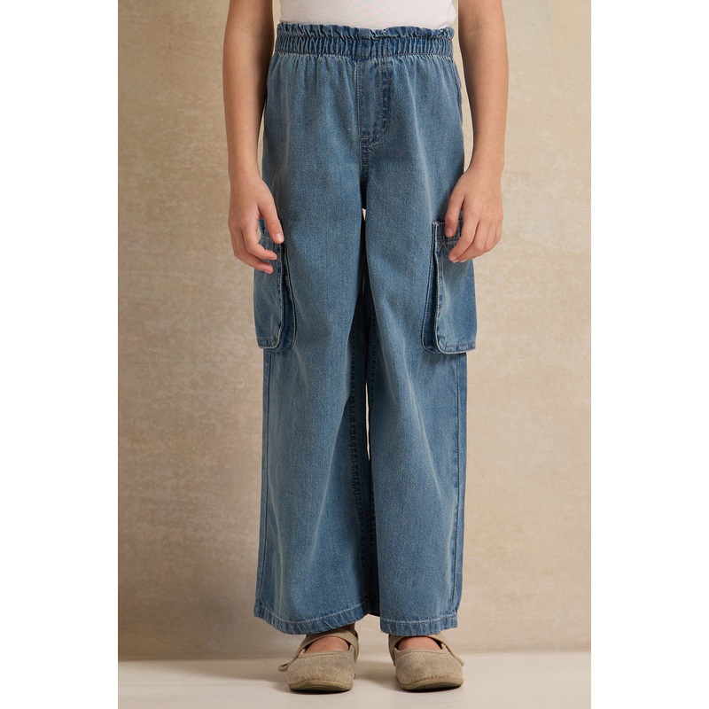Girls Blue Wide Leg With Cargo Pocket Jeans
