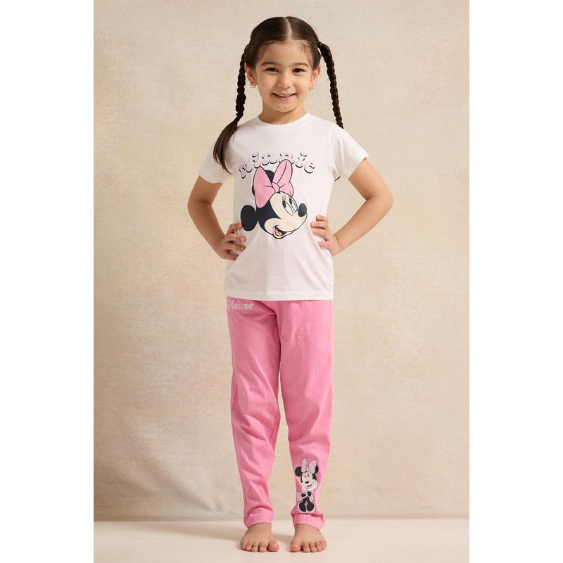 Girls Pink And White Minnie  Mouse  Pyjama Set (2 Piece)