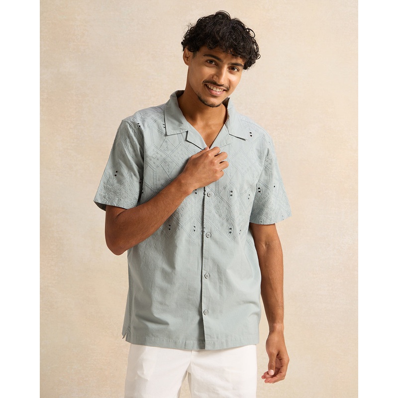 Men Mint Embroidered Casual Shirt