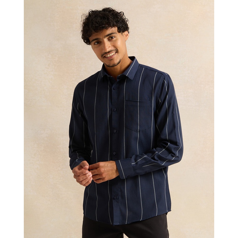 Men Navy Striped Long Sleeve Shirt