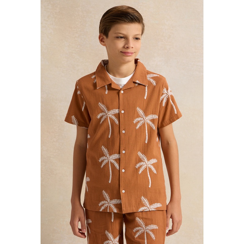 Senior Boys Rust Allover Print Short Sleeve Shirt With T-Shirt (2 Piece)