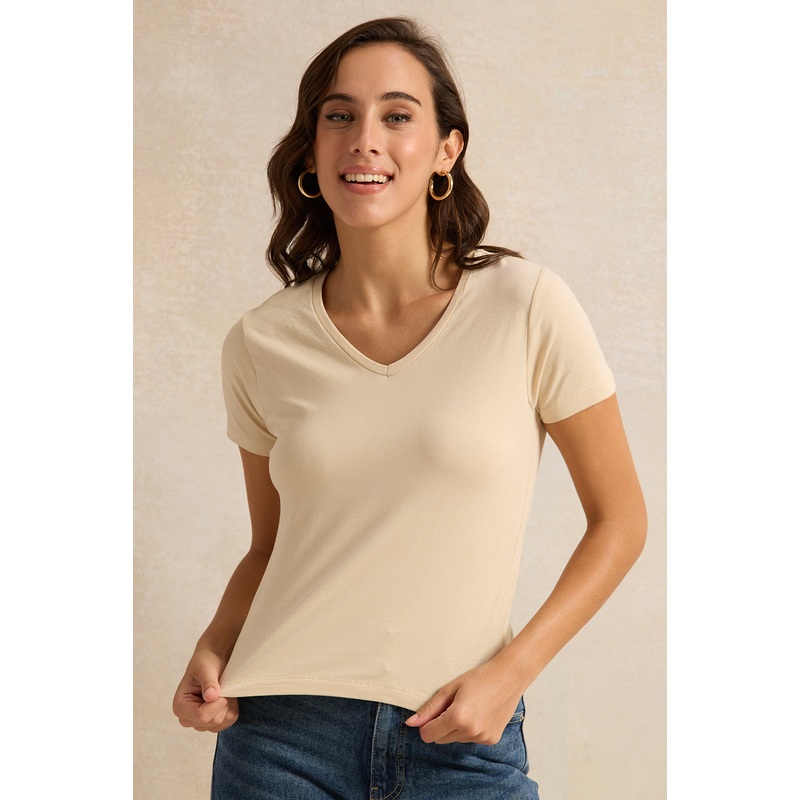 Women Beige V Neck T-Shirt|UK8|UK10|UK12|UK14|UK16|UK18