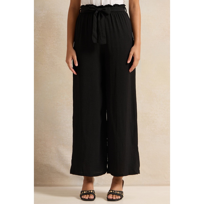 Women Black Plain Wide Leg Trousers