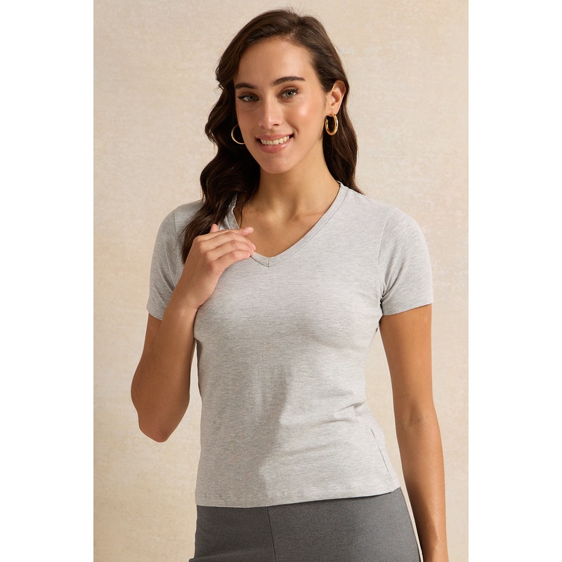 Women Grey Melange Short Sleeve T-Shirt