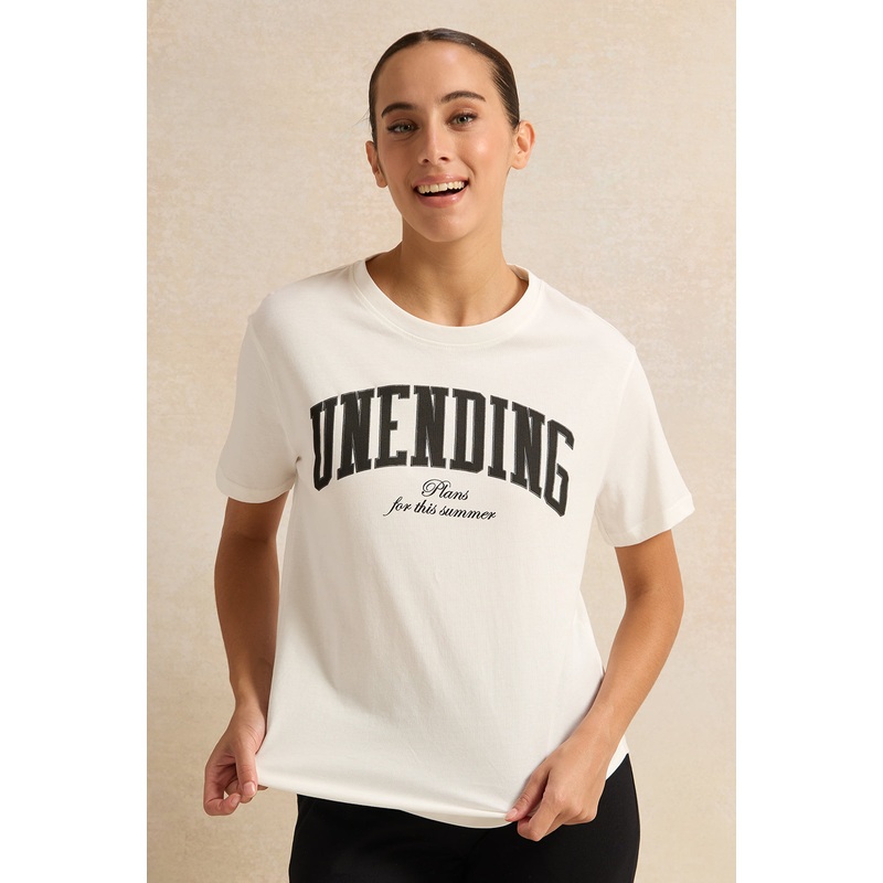 Women Ivory Printed Oversized T-Shirt
