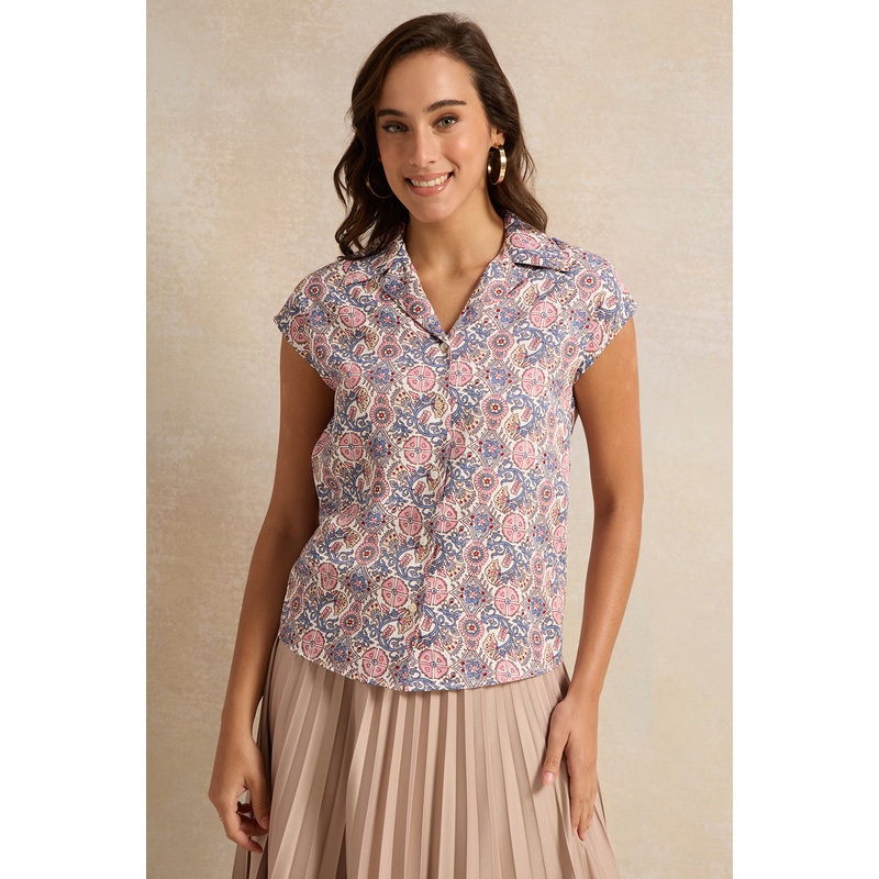 Women Purple Print Button Down Collared Resort Shirt