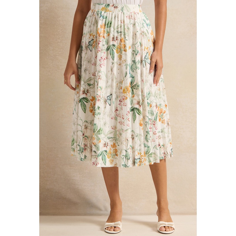 Women White Floral Print Pleated Skirt