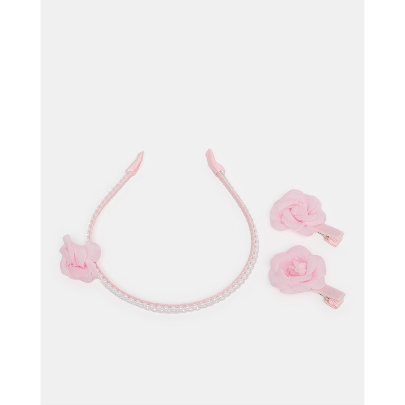 Girls Pink Headband And 2 Hair Clip Set (4 Piece)