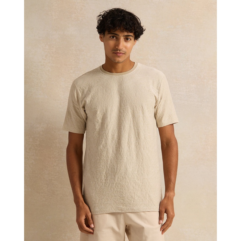Men Beige Short-Sleeved T-Shirt