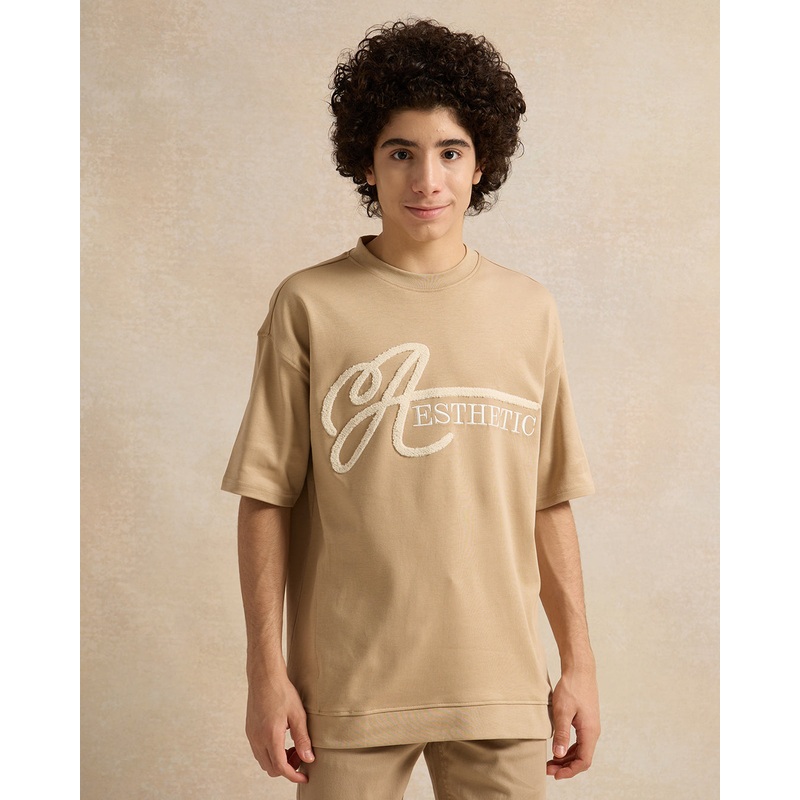 Senior Boys Beige Embellished T-Shirt