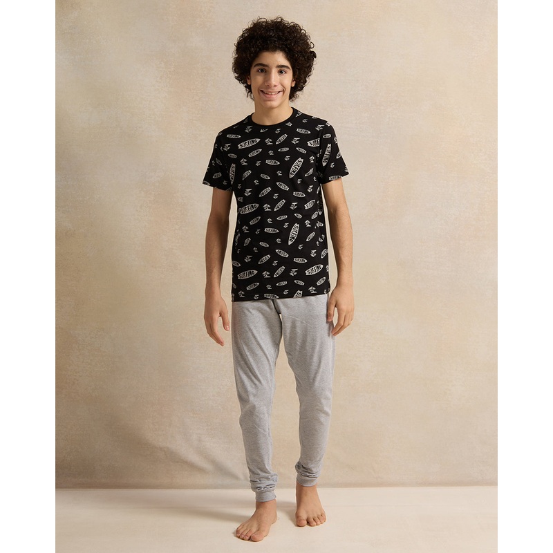 Senior Boys Black And Grey Printed Pyjama Set (2 Piece)