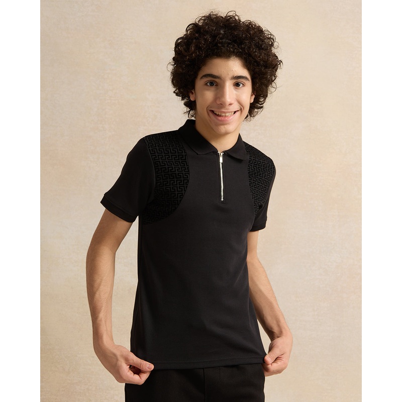 Senior Boys Black Cut And Sew Polo T-Shirt