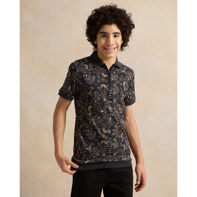 Senior Boys Black Printed Polo T-Shirt