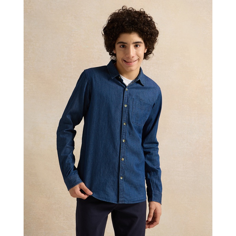 Senior Boys Blue Denim Shirt With White Printed T-Shirt (2 Piece)