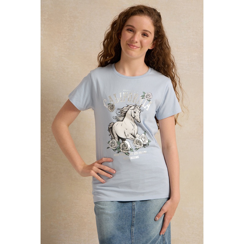 Senior Girls Blue Printed T-Shirt
