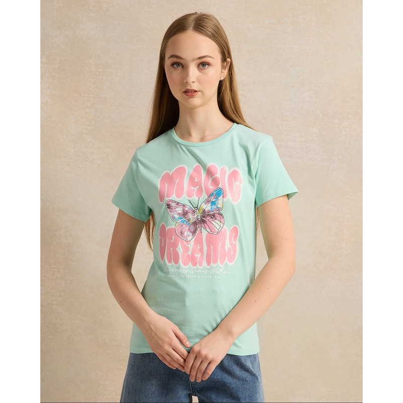 Senior Girls Green Printed T-Shirt
