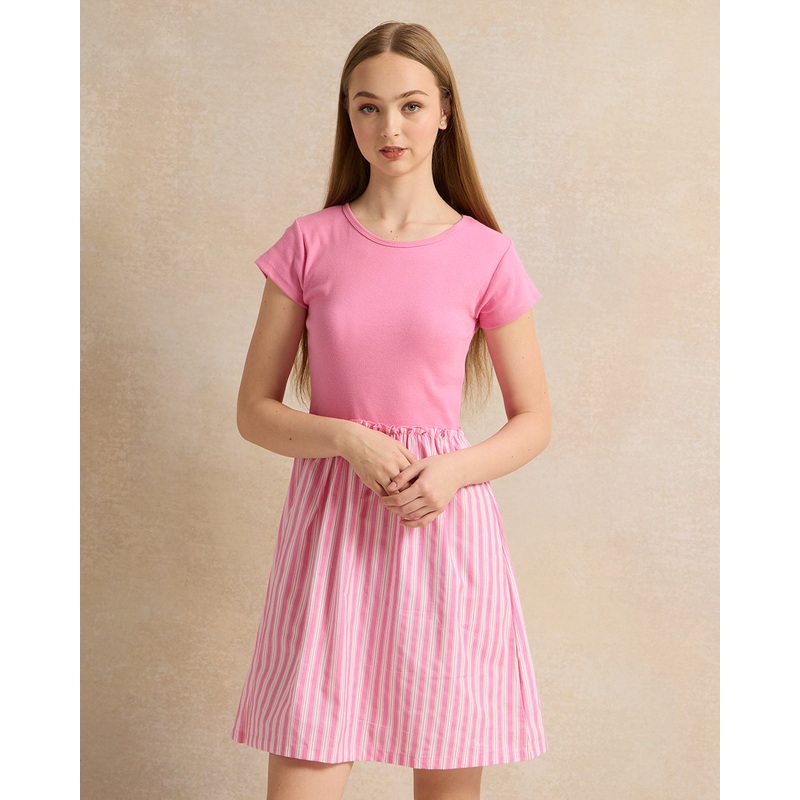 Senior Girls Pink Striped Dress With Woven Skirt