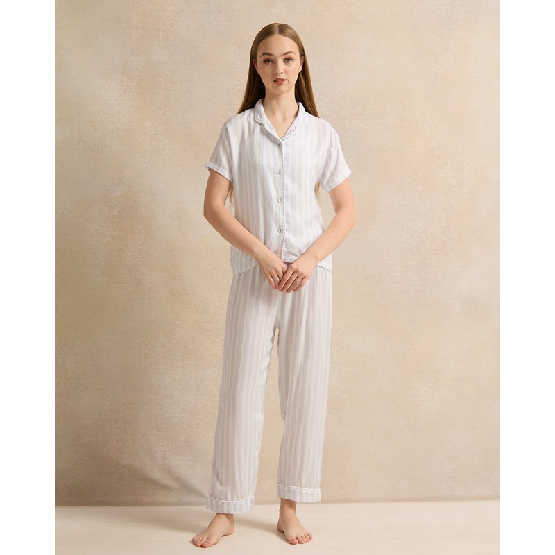 Senior Girls White And Blue Striped Pyjama Set (2 Piece)