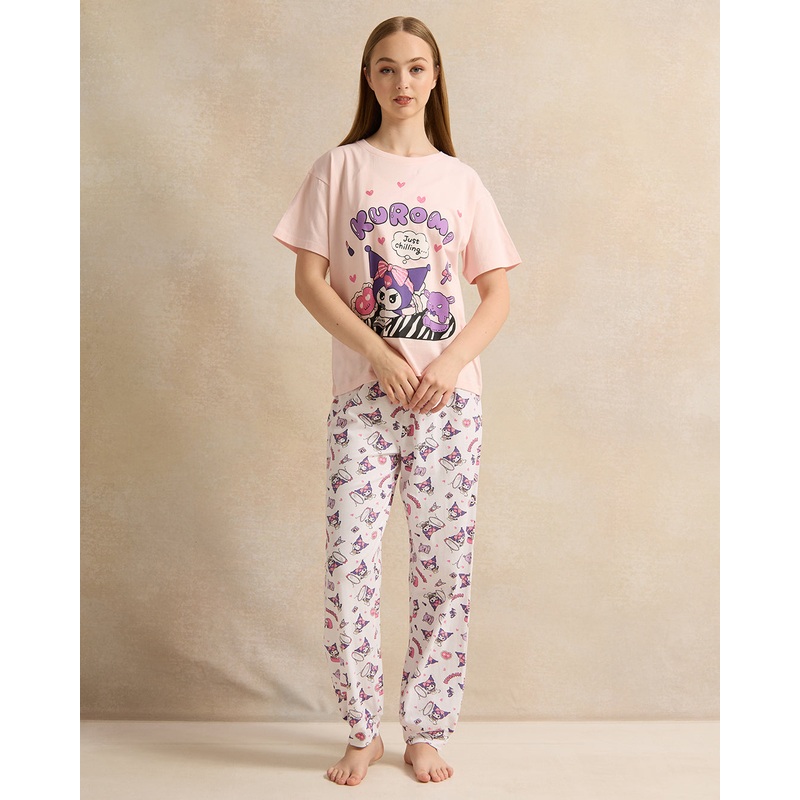 Senior Girls White And Pink Printed Pyjama Set (2 Piece)