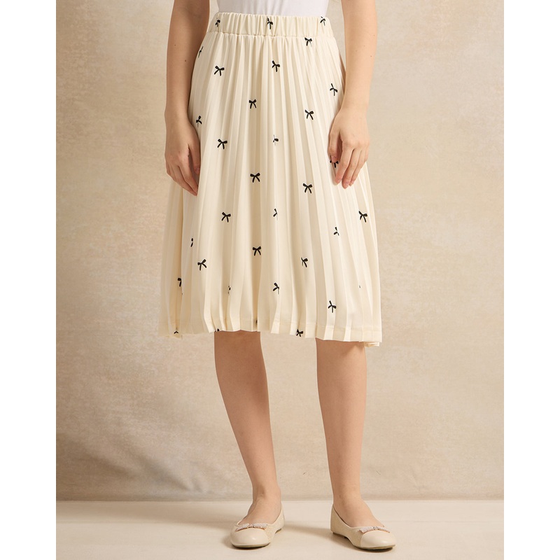 Senior Girls White Sateen Bow Printed Pleated Skirt