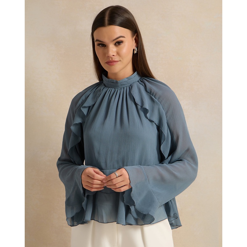 Women Blue Embellished High Neck Blouse